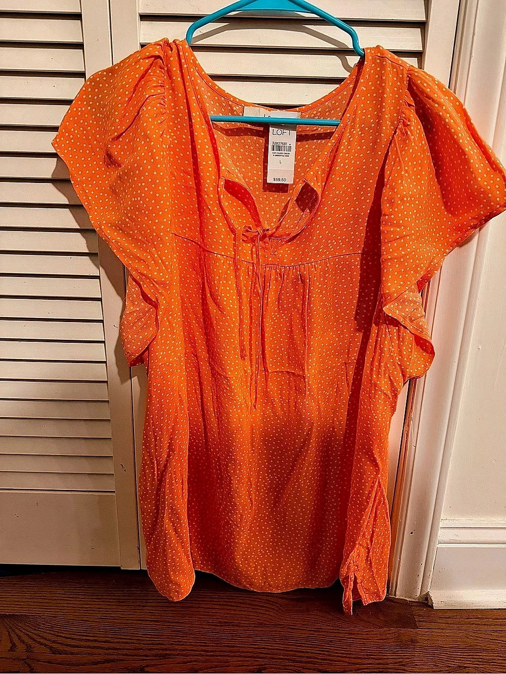 LOFT Dotted Tie Neck Flutter Sleeve Blouse Orange & White Large